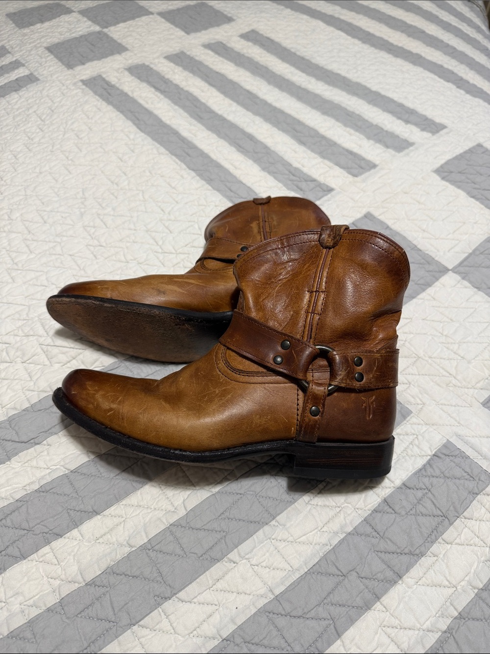 Frye Cognac Brown Harness Ankle Boots